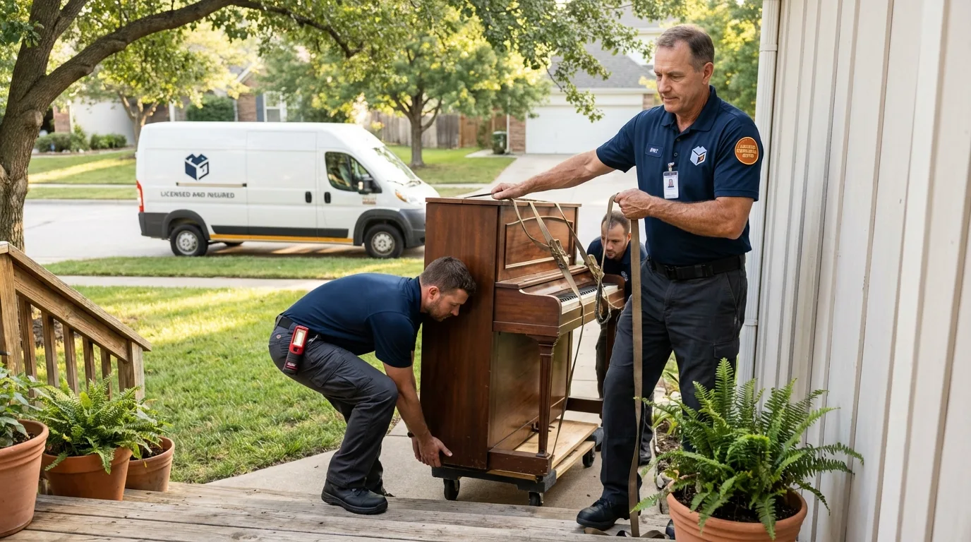 Licensed piano movers securing grand piano in Los Angeles, CA