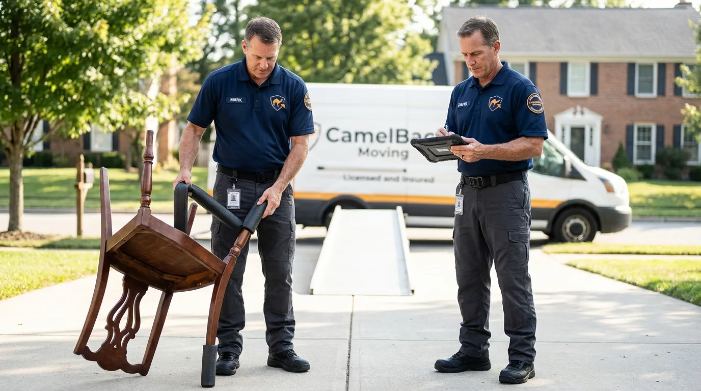 Movers inspecting furniture for damage prevention before loading in Los Angeles, CA