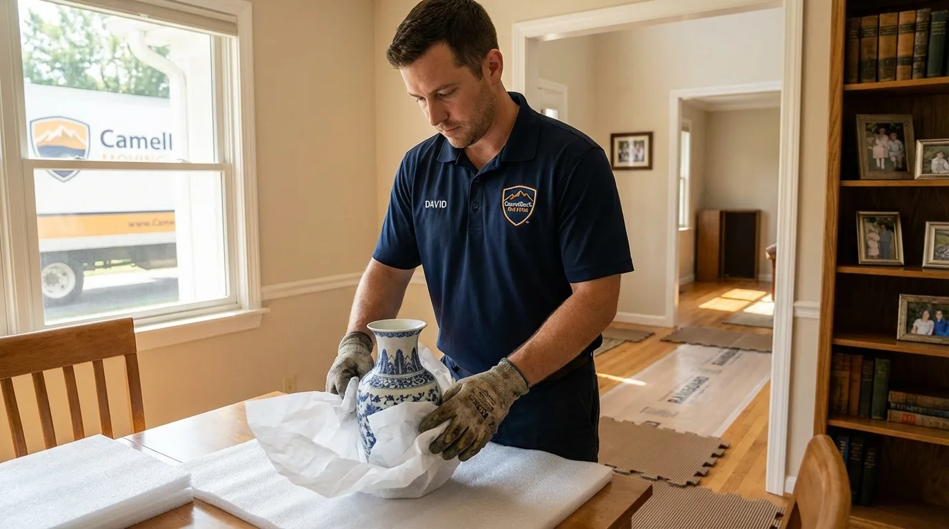 Professional crew carefully wrapping antique vase for senior downsizing move in Los Angeles, CA