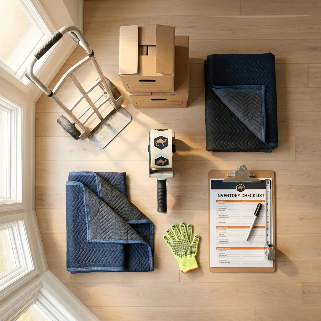 Professional moving supplies and packing materials layout for Los Angeles residential relocations